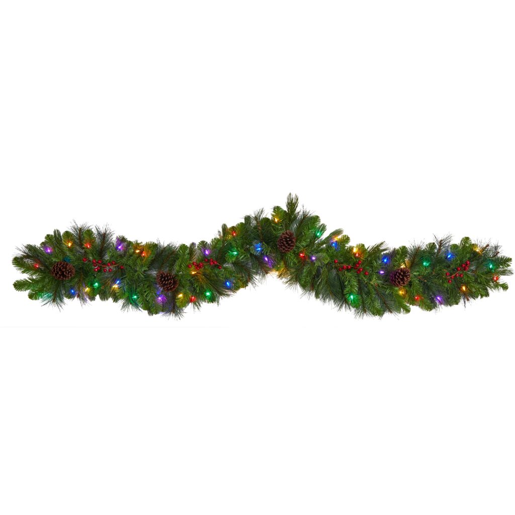 6 Ft Pinecones and Berries Xmas Garland with 50 Multicolored LED Lights