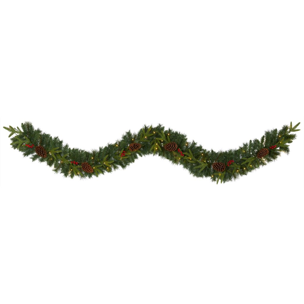 9 Ft Mixed Pine Christmas Garland with 50 LEDs Berries Pinecones Festive Decor