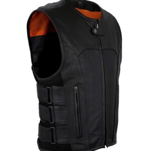 Men's Black Leather Vest Bulletproof Style with Concealed Gun Pockets