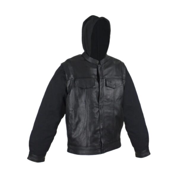Black Leather Jacket Naked Cowhide Removable Canvas Sleeves Hoodie Concealed Gun