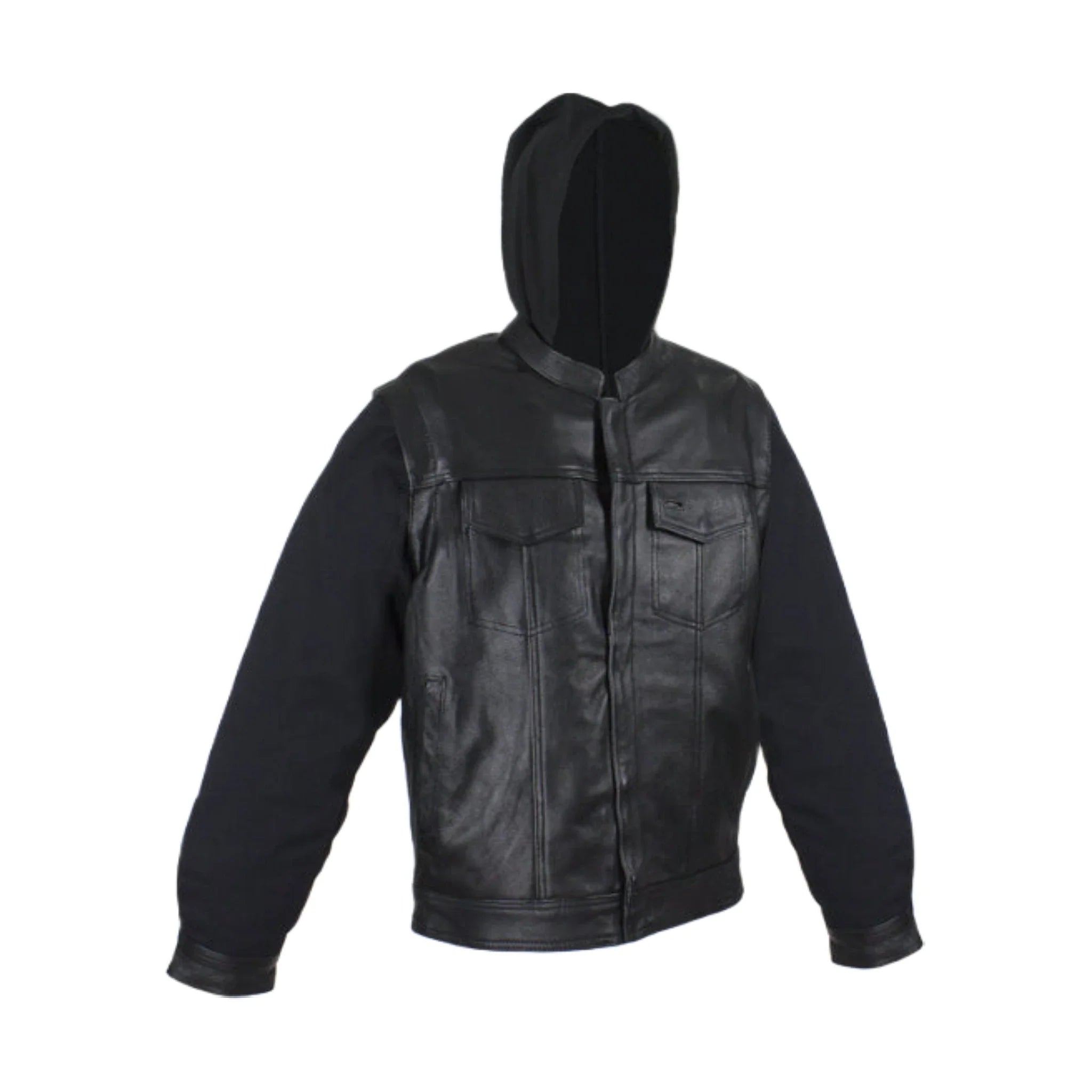 Black Leather Jacket Naked Cowhide Removable Canvas Sleeves Hoodie Concealed Gun