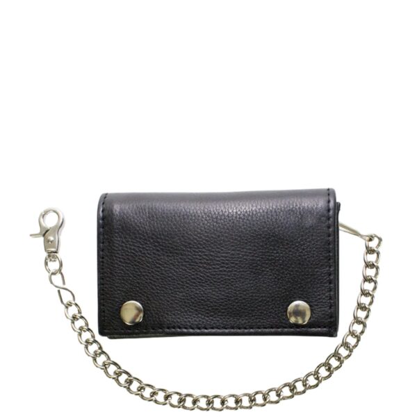 Black Naked Cowhide Leather Heavy Duty Biker Trifold Chain Wallet with Snaps