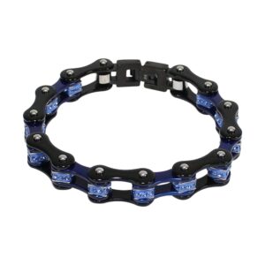 Black On Black Blue Squared Motorcycle Bracelet With Blue Gemstones