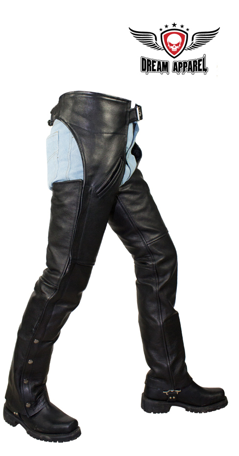 Black Split Cowhide Leather Motorcycle Chaps with Mesh Lining and Pockets