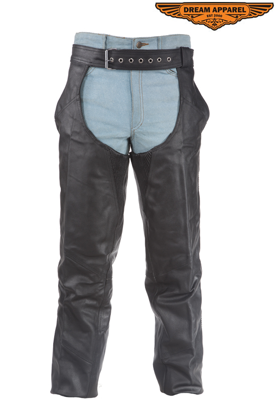 Braided Leather Motorcycle Chaps Black Cowhide with Quilted Lining M