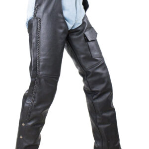Black Braided Naked Cowhide Leather Chaps with Mesh Lining Biker Pants