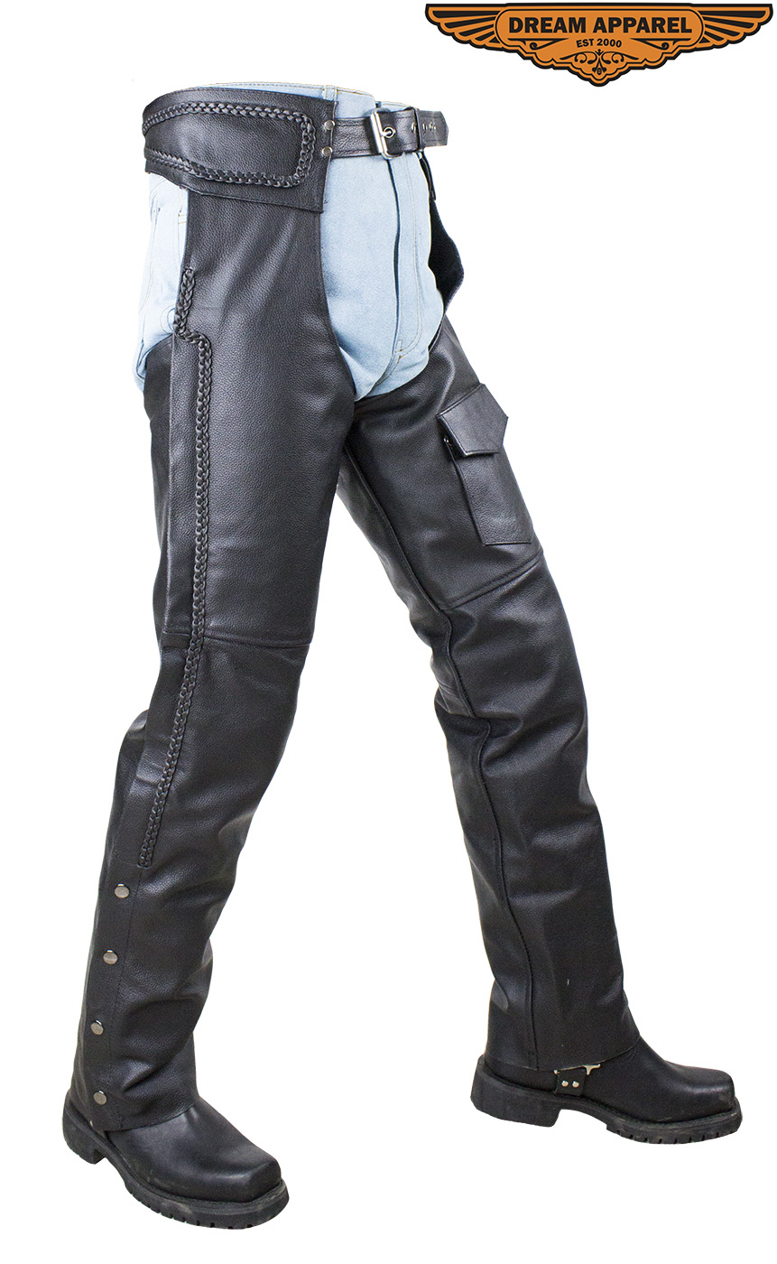Braided Black Split Leather Chaps with Mesh Zipout Lining and Side Zipper