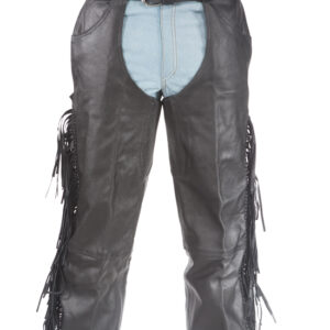 Leather Chaps Black Genuine Cowhide Braid Fringe Zipper Pockets Size Adjustable