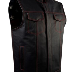 Men's Heavy Duty Club Vest Premium Cowhide Leather USA Flag Lining Red Thread