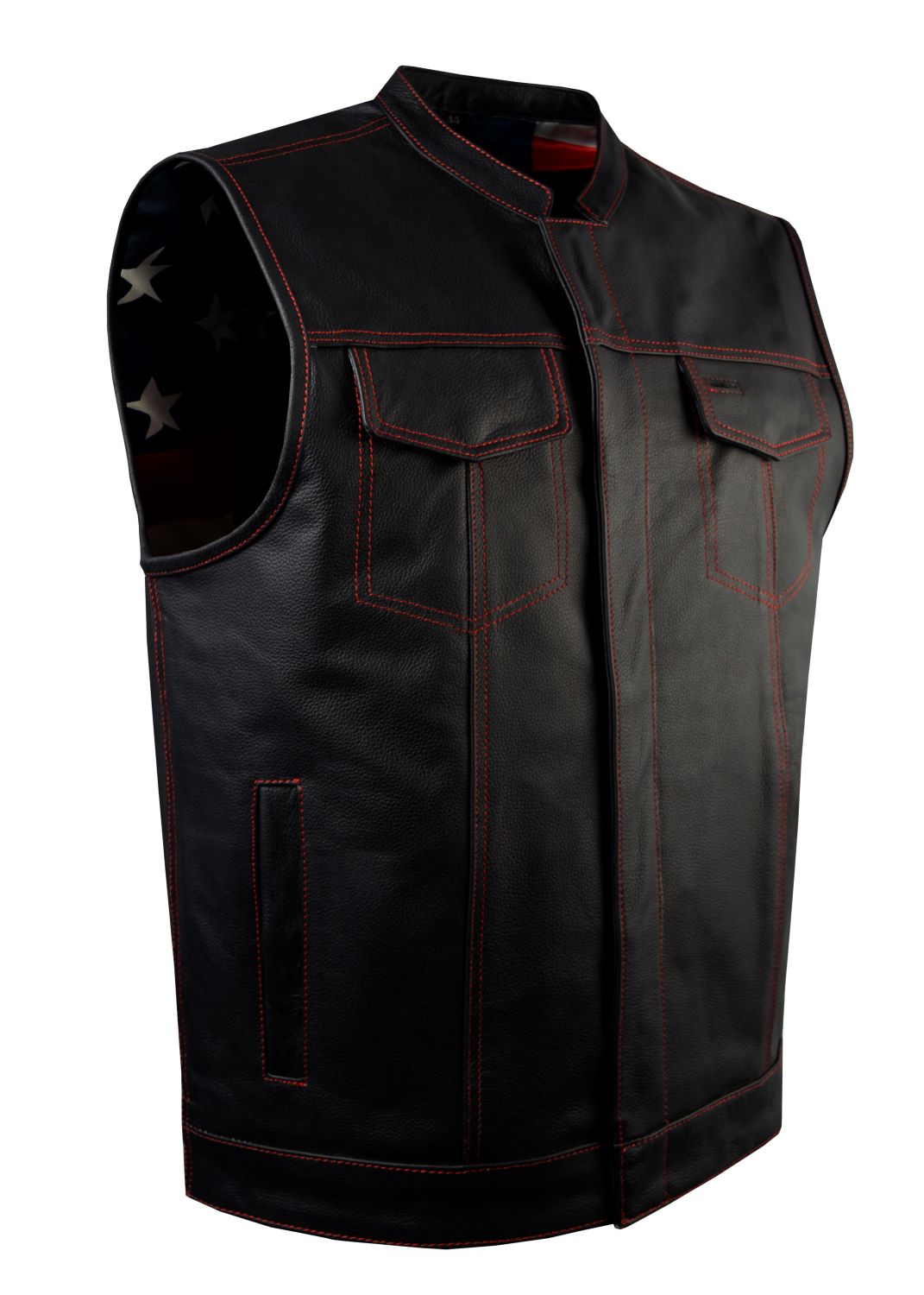 Men's Heavy Duty Club Vest Premium Cowhide Leather USA Flag Lining Red Thread
