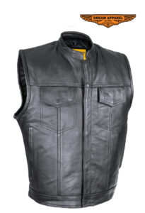 Cowhide Leather Motorcycle Club Vest Defender Vest Black Concealed Gun Pockets