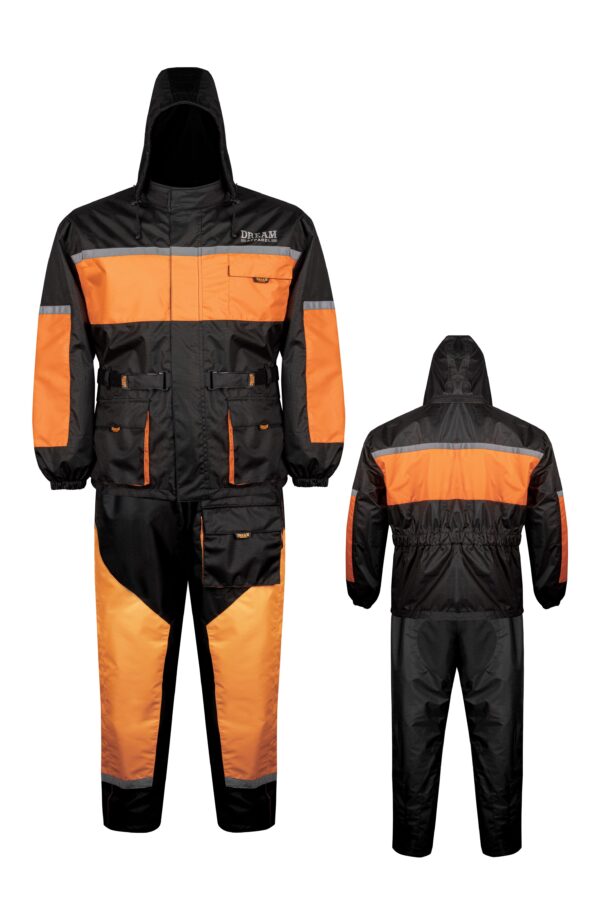 2-Piece Rain Suit Dream Apparel Black Orange Waterproof Jacket Pants