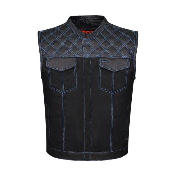 Dream Apparel Mens Black Club Vest Diamond Design Blue Thread Leather & Denim
