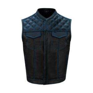 Mens Black Club Vest Diamond Design Blue Thread Premium Cowhide Leather