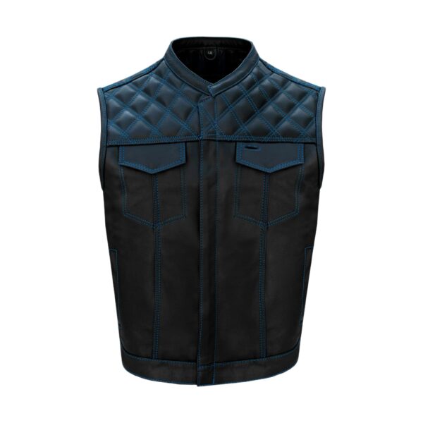 Mens Black Club Vest Diamond Design Blue Thread Premium Cowhide Leather