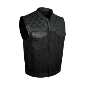 Dream Apparel Mens Black Club Vest Diamond Design Green Thread Leather & Denim