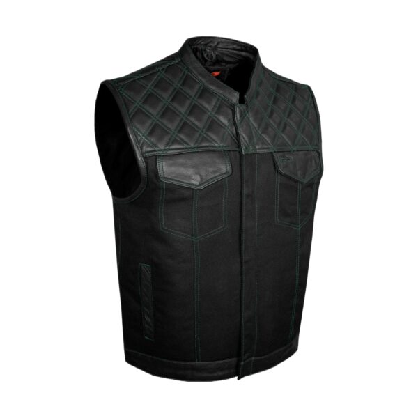 Dream Apparel Mens Black Club Vest Diamond Design Green Thread Leather & Denim