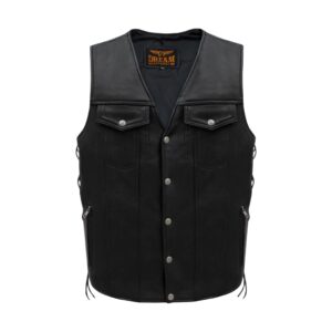 Dream Apparel Men's Black Leather Vest Buttoned Front Closure Side Laces