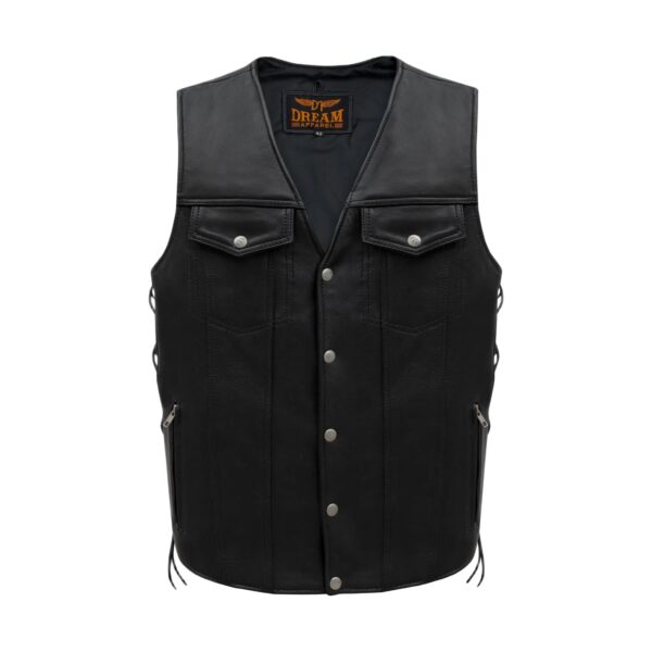 Dream Apparel Men's Black Leather Vest Buttoned Front Closure Side Laces