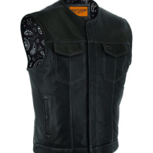 Men's Dream Apparel Leather Club Vest Black Paisley Liner Concealed Gun Pockets