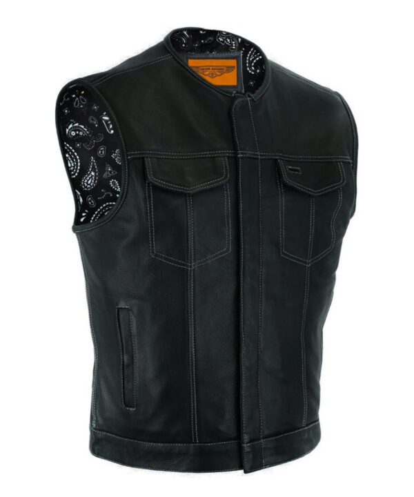 Men's Dream Apparel Leather Club Vest Black Paisley Liner Concealed Gun Pockets