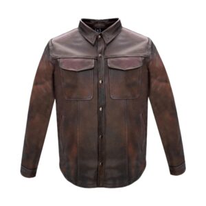 Mens Distressed Brown Soft Touch Leather Motorcycle Shirt Concealed Gun Pockets