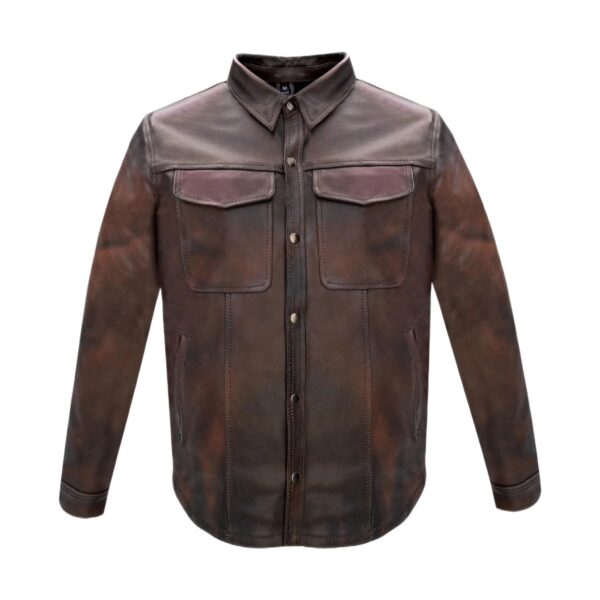 Mens Distressed Brown Soft Touch Leather Motorcycle Shirt Concealed Gun Pockets