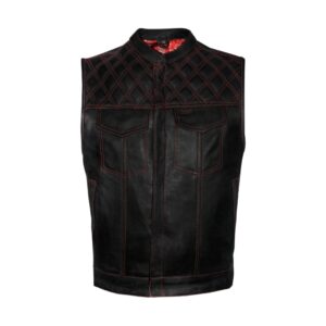 Men's Leather Club Vest Red Thread, Red Paisley Lining, Zipper Front