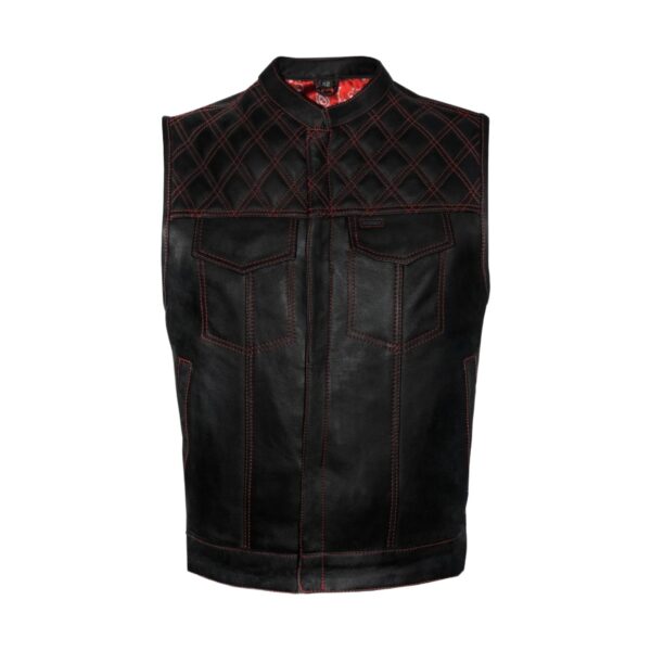 Men's Leather Club Vest Red Thread, Red Paisley Lining, Zipper Front