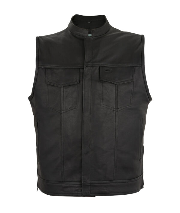 Mens Motorcycle CLUB VEST Cowhide Leather, Zipper Front, Concealed Snaps