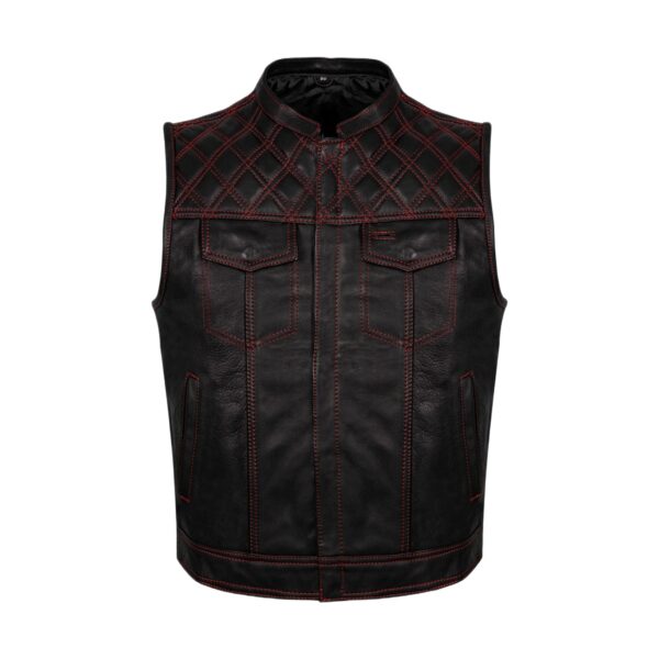 Mens Naked Leather Motorcycle Club Vest Red Thread Zipper Front, Diamond Padding