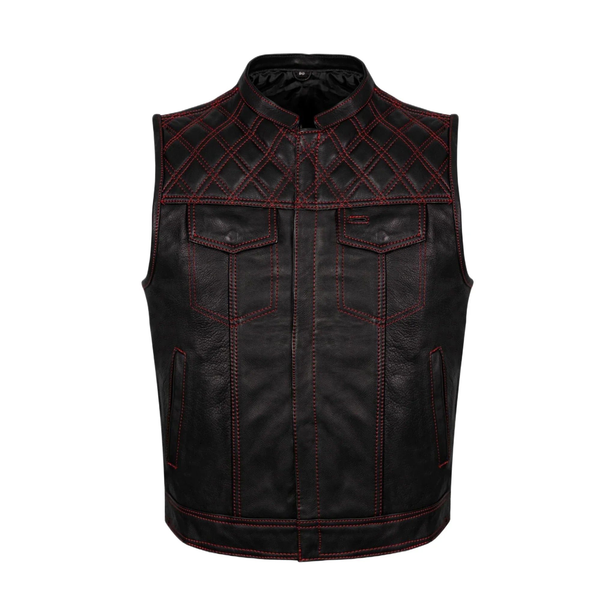 Mens Naked Leather Motorcycle Club Vest Red Thread Zipper Front, Diamond Padding