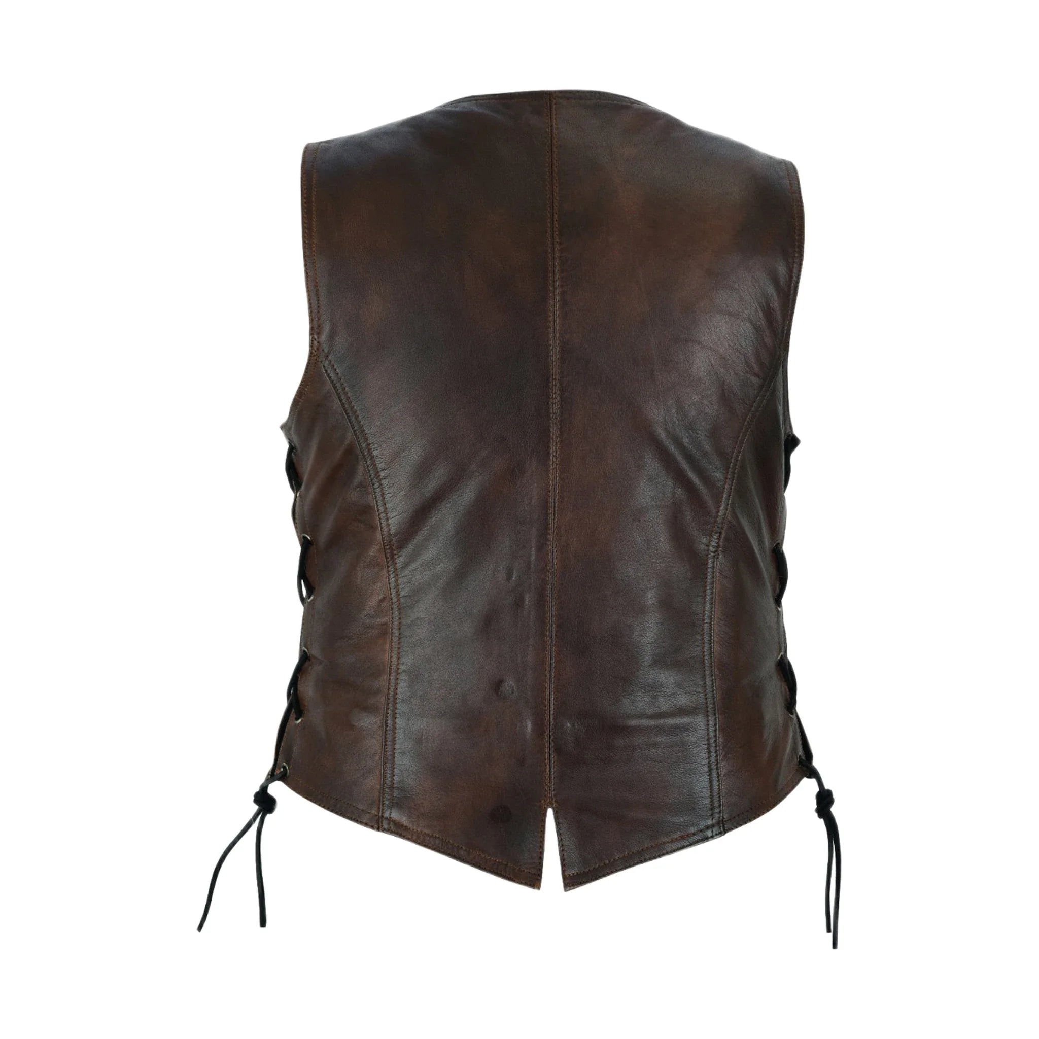 Womens Brown Cowhide Leather Motorcycle Vest Side Laces - Image 2
