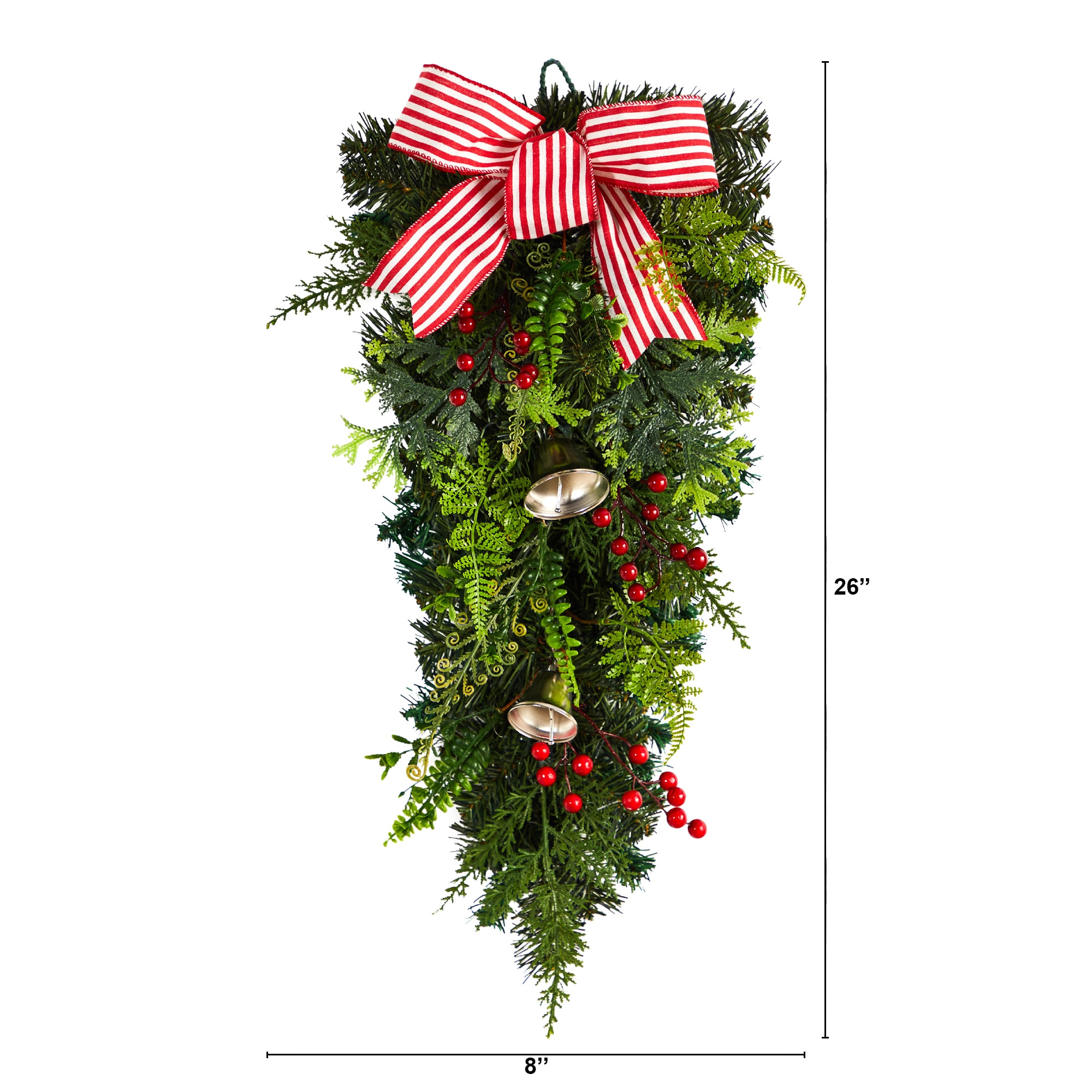 26 Inch Holiday Christmas Bells and Bow Artificial Evergreen Swag - Image 2
