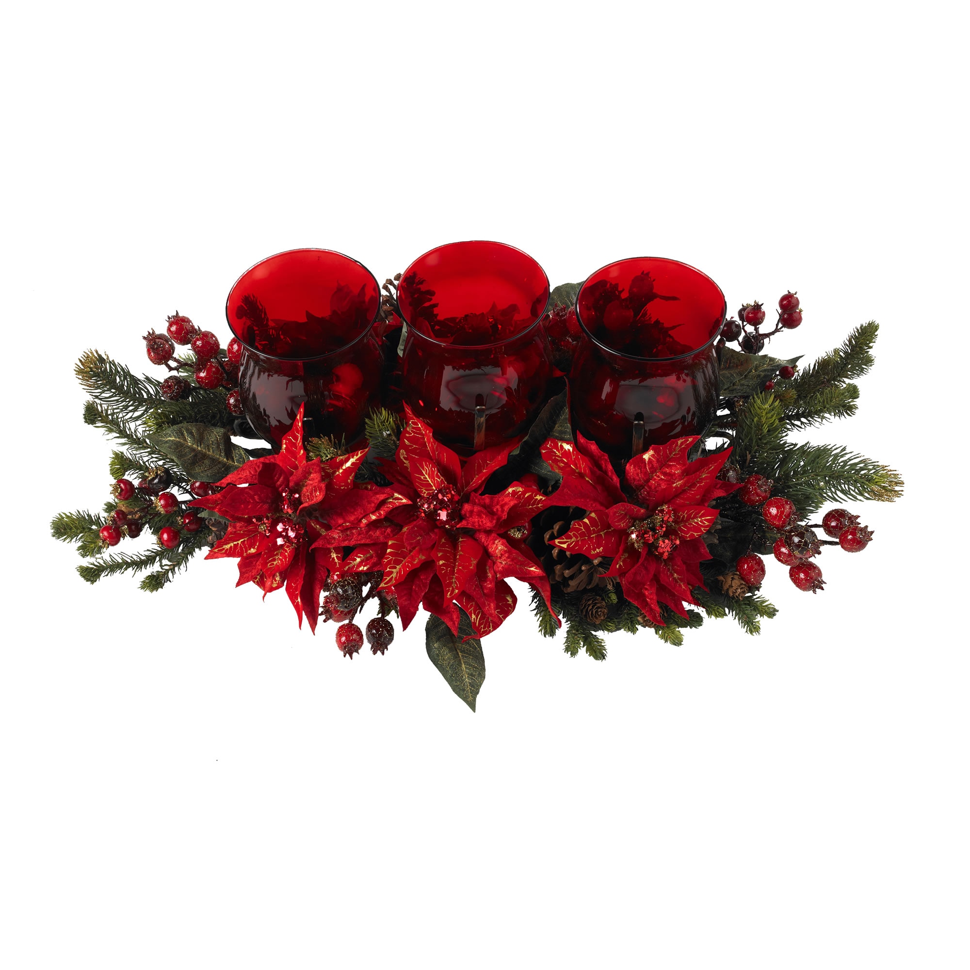 30 Inch Poinsettia Berry Triple Candelabrum Holiday Centerpiece Red Candle - Image 2