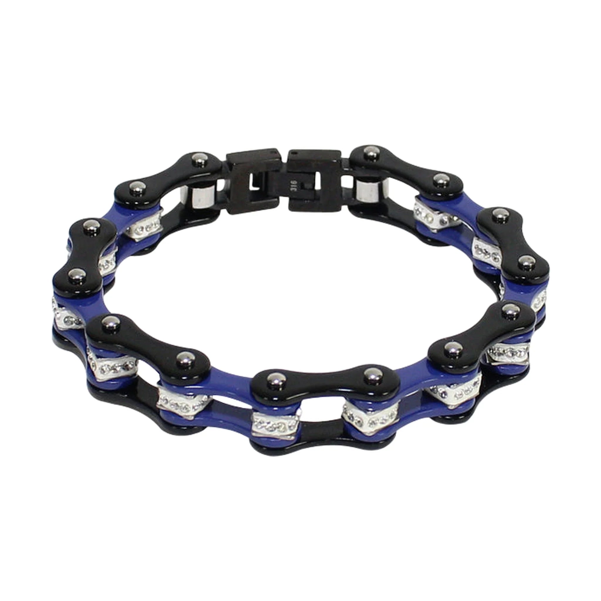 Black Chrome and Blue Squared Motorcycle Bracelet With Clear Gemstones - Image 2