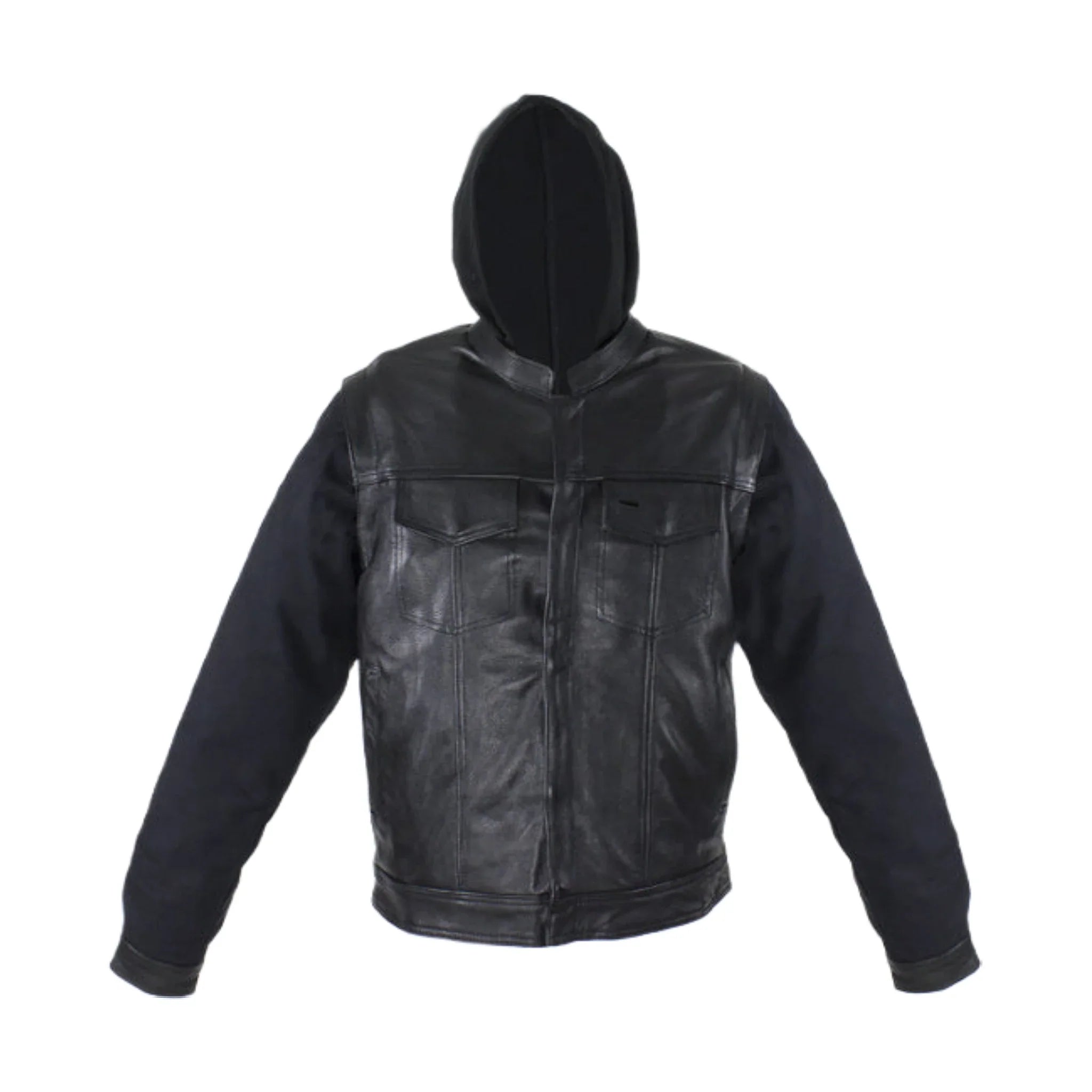 Black Leather Jacket Naked Cowhide Removable Canvas Sleeves Hoodie Concealed Gun - Image 2