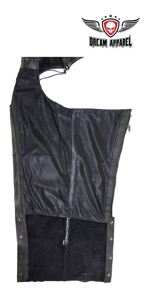 Black Split Cowhide Leather Motorcycle Chaps with Mesh Lining and Pockets - Image 2
