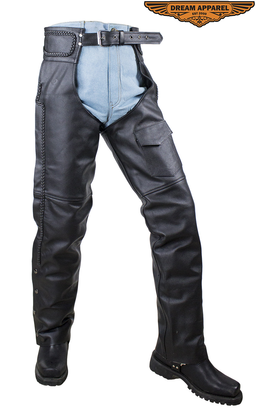 Braided Naked Cowhide Leather Motorcycle Chaps Black Mesh Zipout Lining - Image 2
