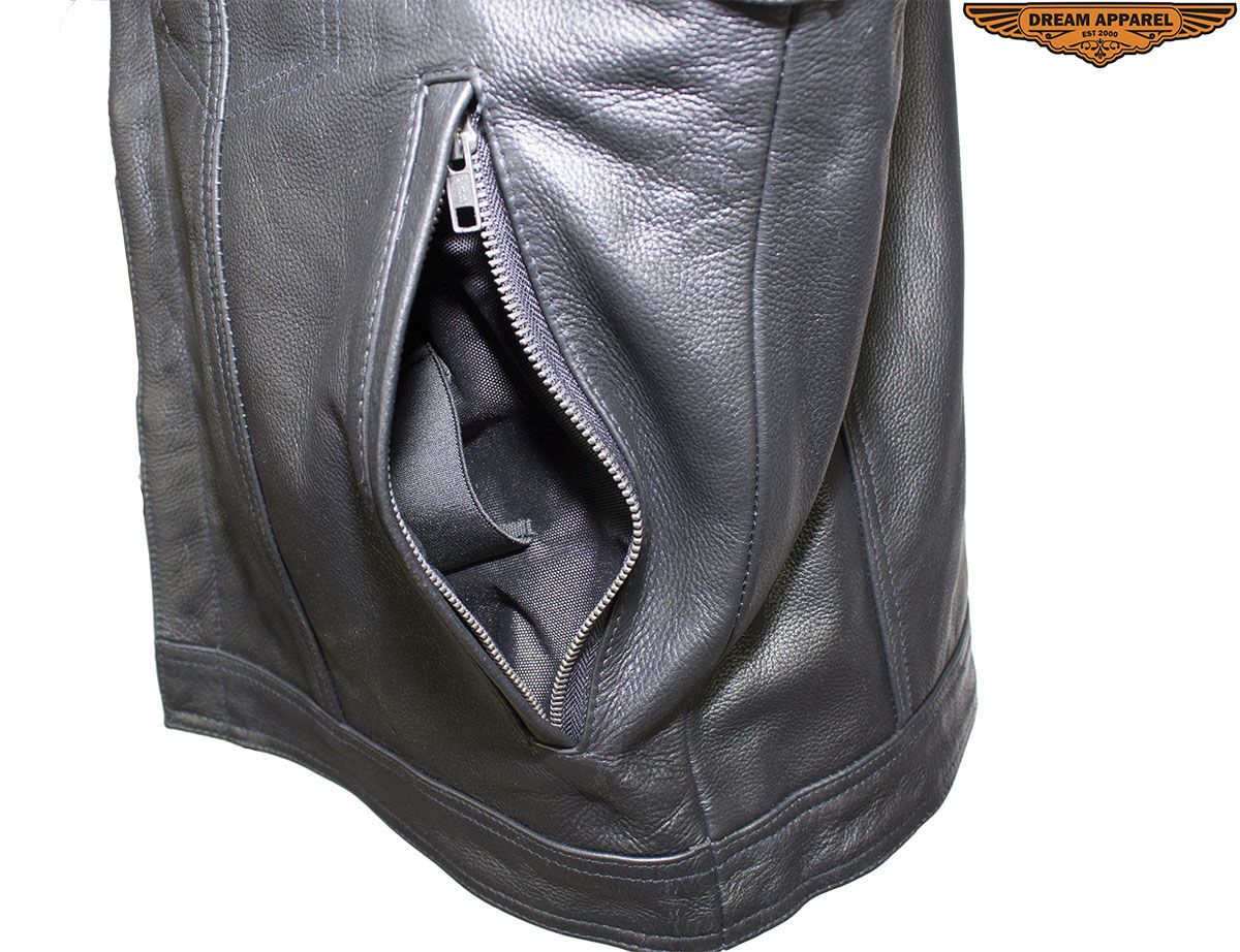 Cowhide Leather Motorcycle Club Vest Defender Vest Black Concealed Gun Pockets - Image 2