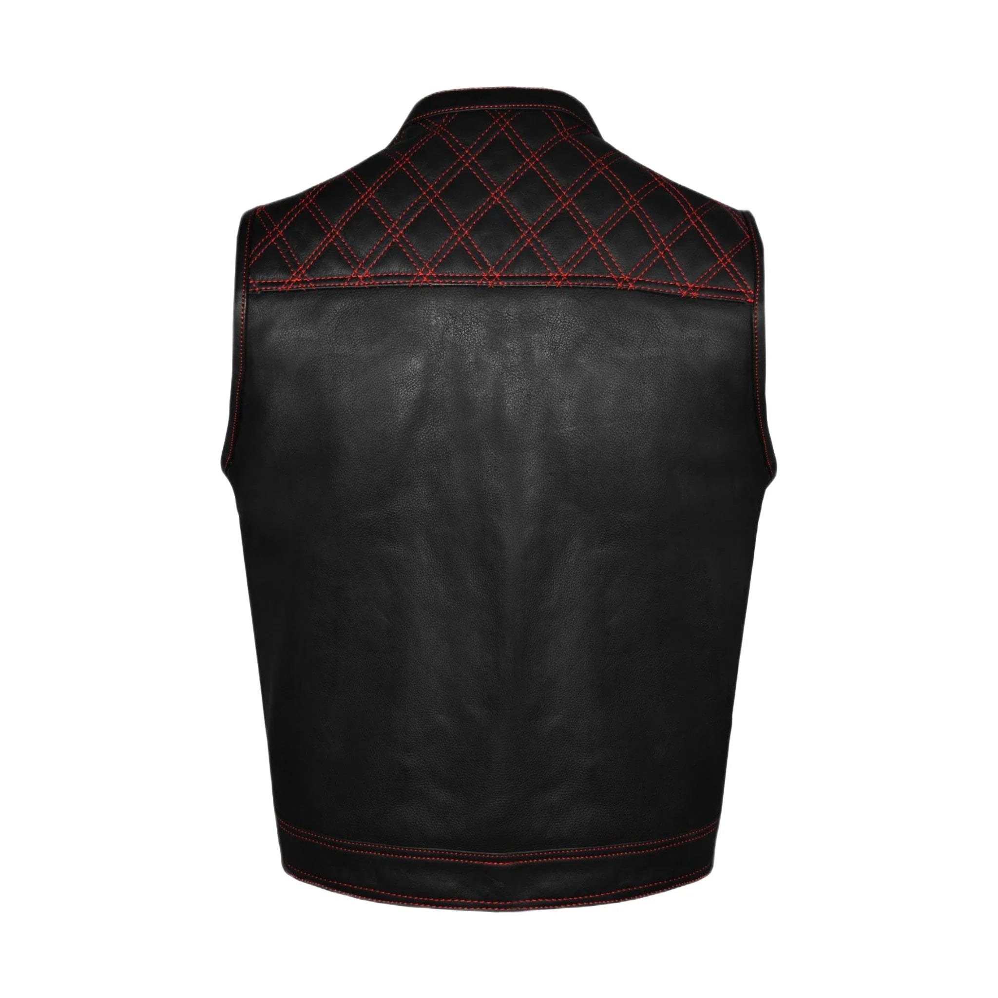 Mens Naked Leather Motorcycle Club Vest Red Thread Zipper Front, Diamond Padding - Image 2