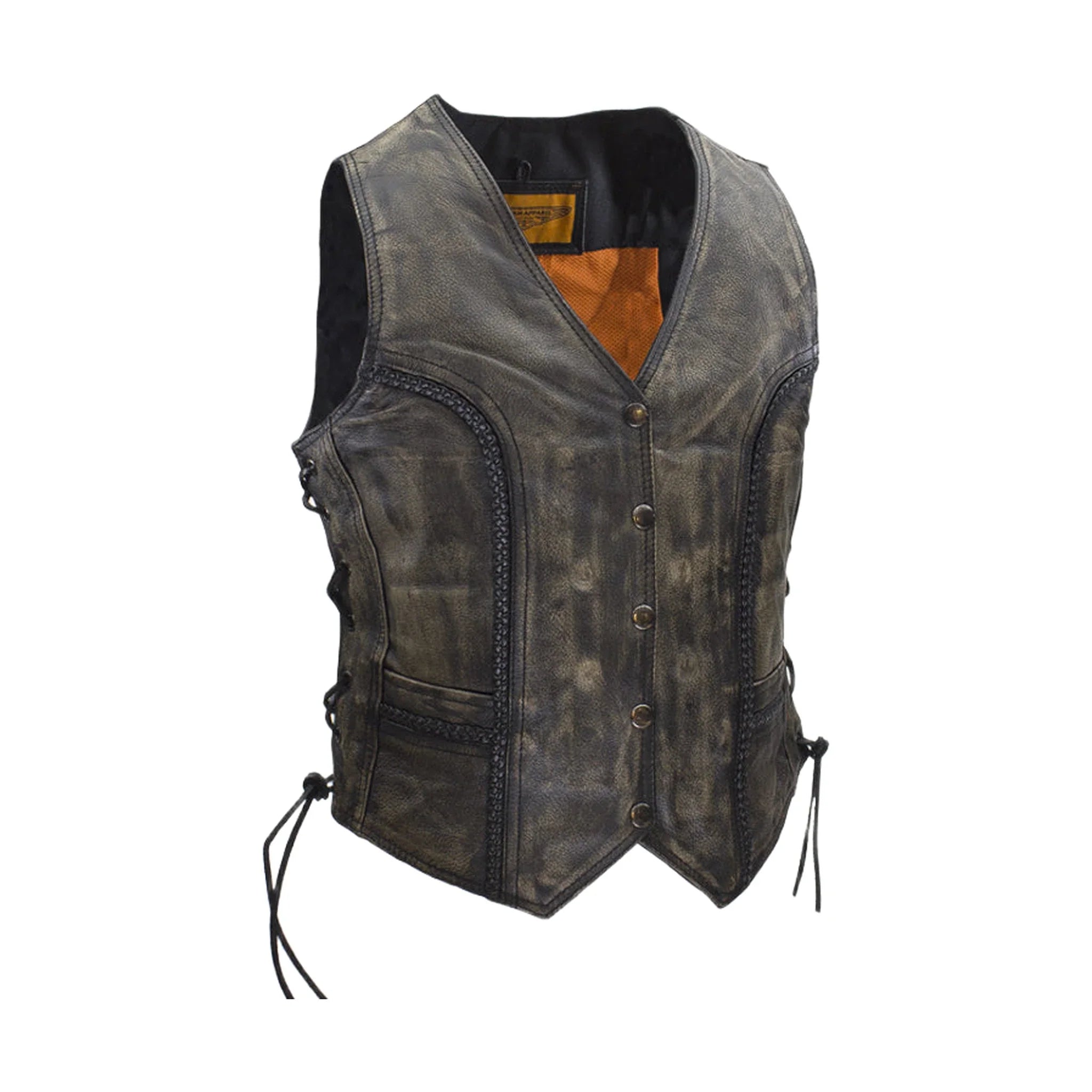 Dream Apparel Womens Longer Cut Distressed Brown Cowhide Leather Motorcycle Vest - Image 2