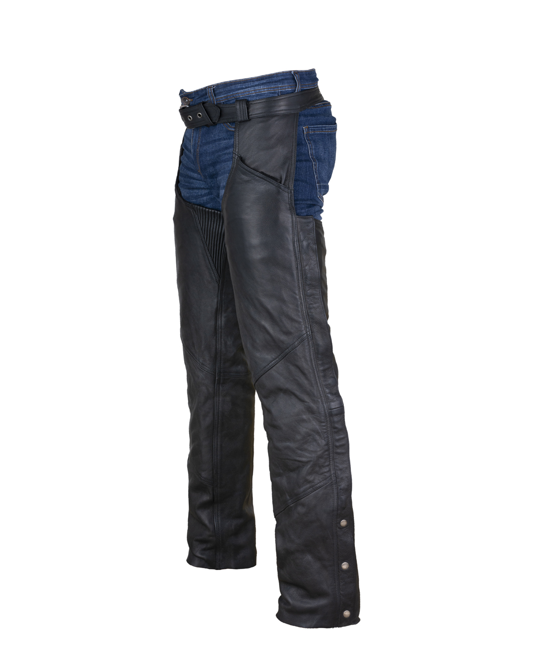 Heavy Duty Genuine Leather Motorcycle Chaps Black with Quilted Lining - Image 2