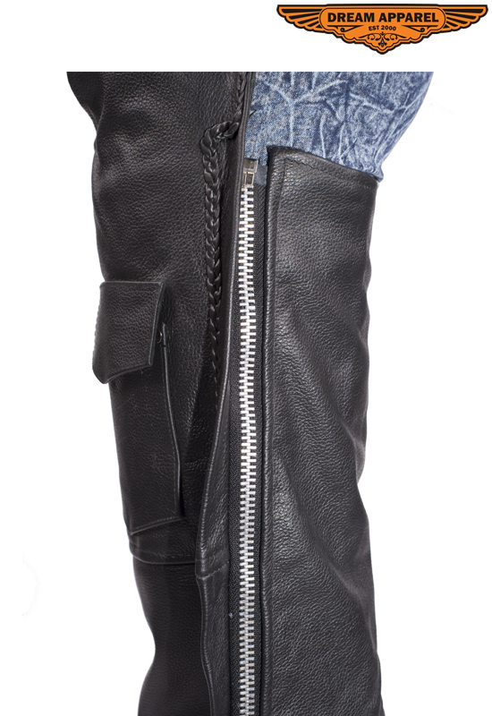 Leather Braided Motorcycle Chaps Black Cowhide Heavy Duty Quilted Lining - Image 2