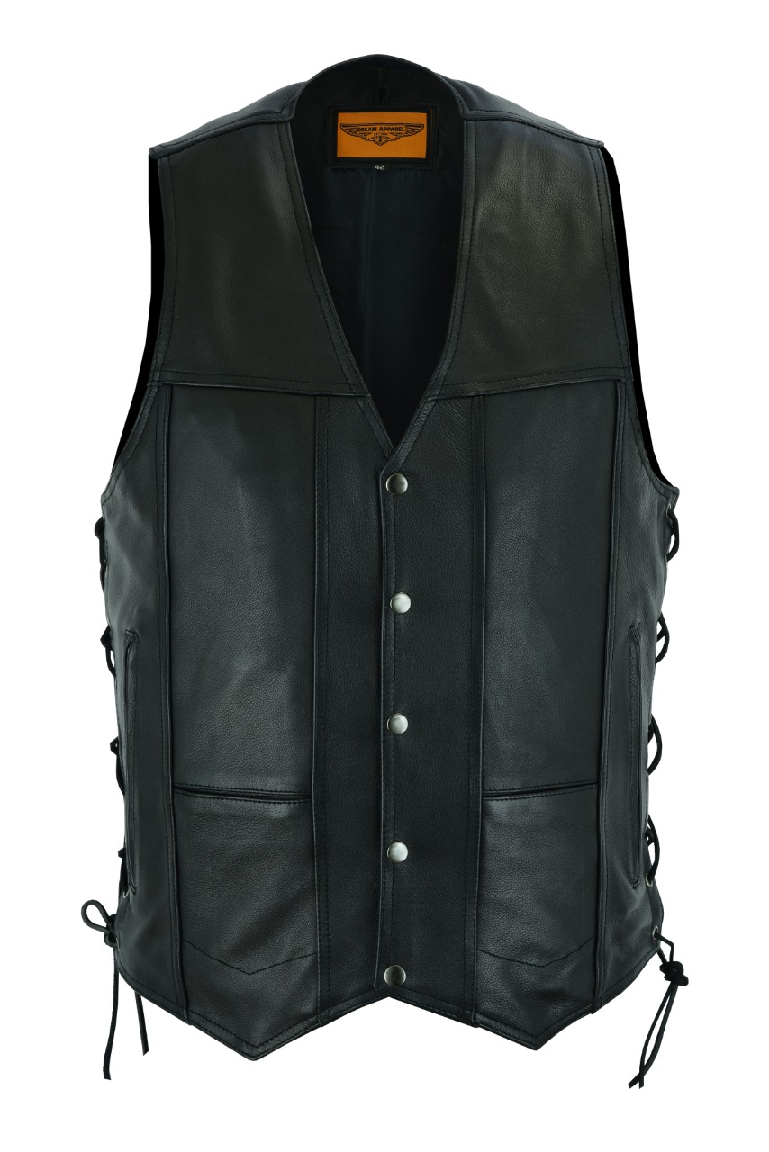 Men's Premium Cowhide Leather Vest Ten Pockets Concealed Carry Side Laces - Image 2