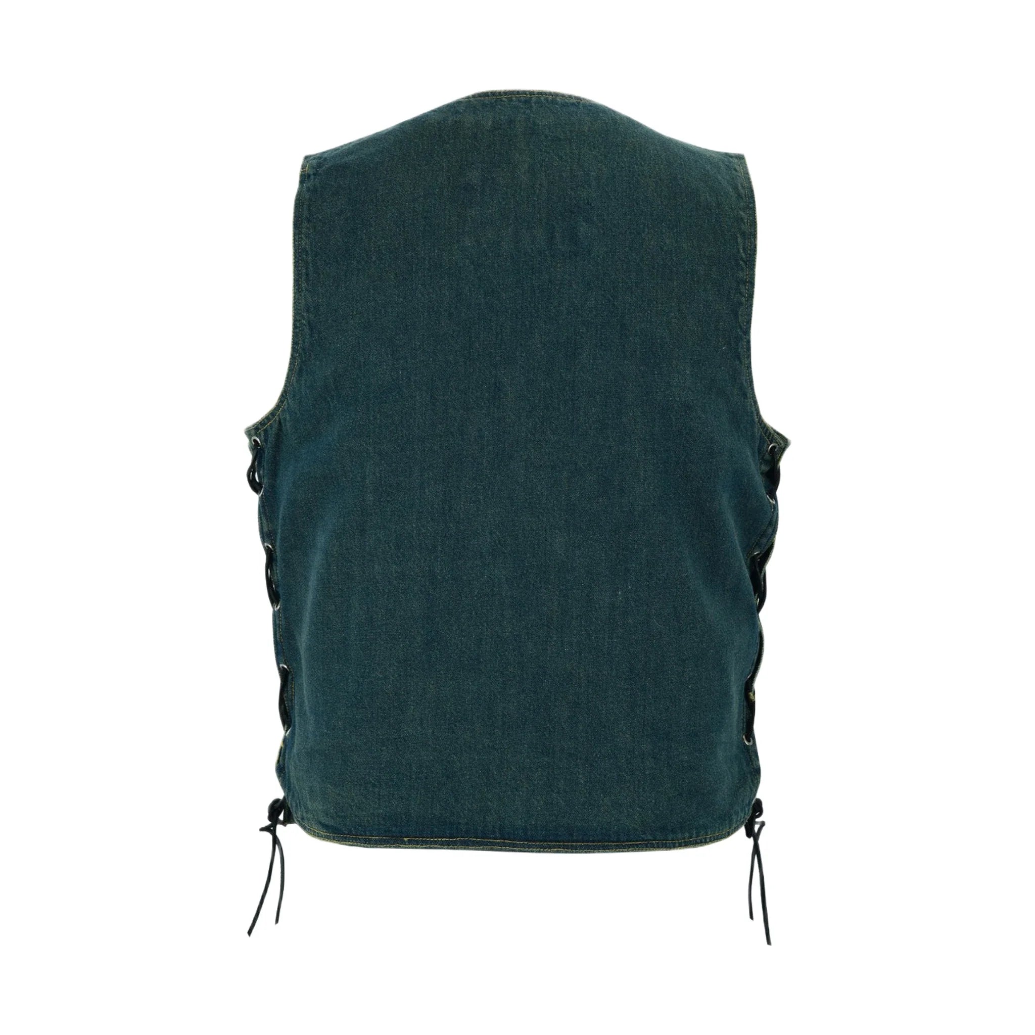 Motorcycle Denim Vest Side Laces V-collar Front Zipper Pockets - Image 2