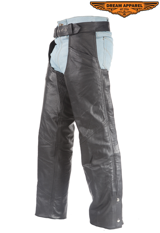 Cowhide Leather Motorcycle Chaps Black Zip Snap Closure Belt Lacing - Image 2