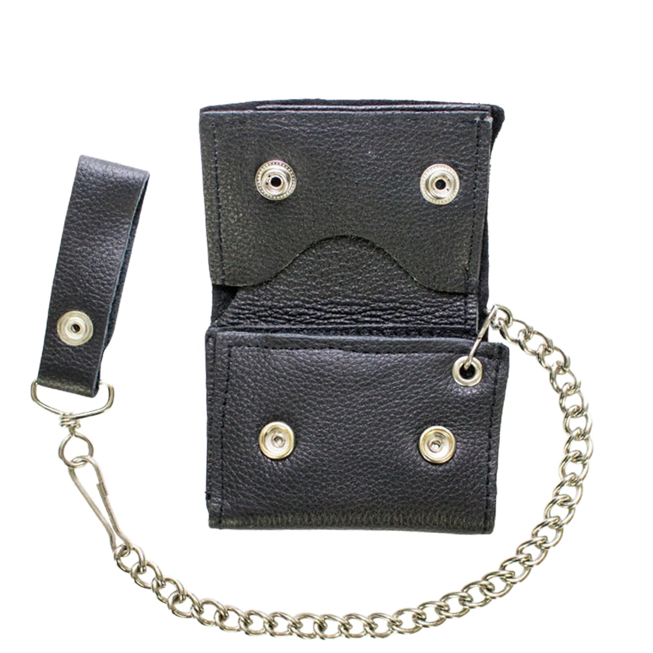 Leather Biker Tri-Fold Wallet Black Heavy Duty Cowhide Chain Strap - Image 2