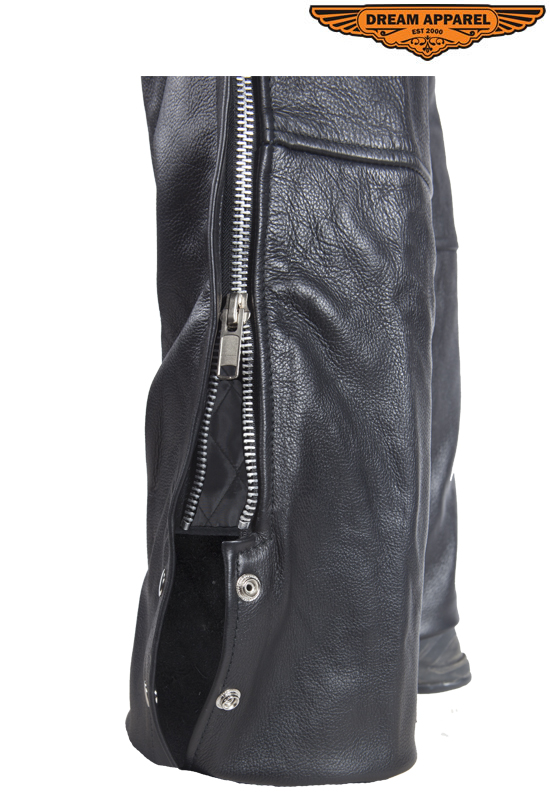 Leather Chaps Black Top Grain Split Cowhide Zipper Snap Leg Straps - Image 2