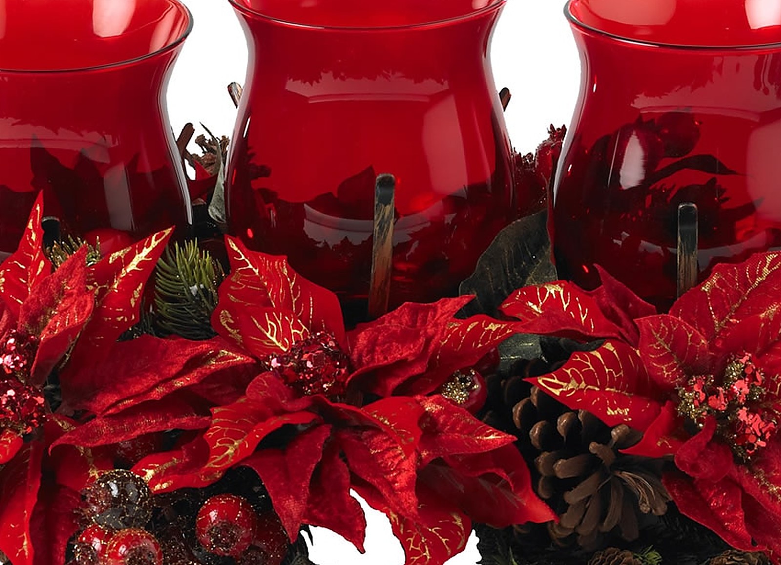 30 Inch Poinsettia Berry Triple Candelabrum Holiday Centerpiece Red Candle - Image 3